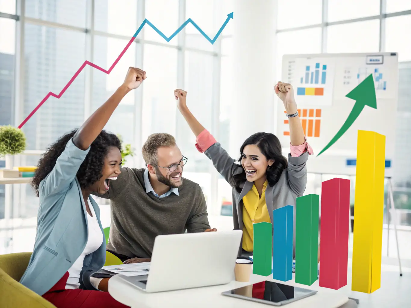 A diverse team of massage therapists and wellness professionals celebrating a business milestone. The image conveys a sense of community and success.