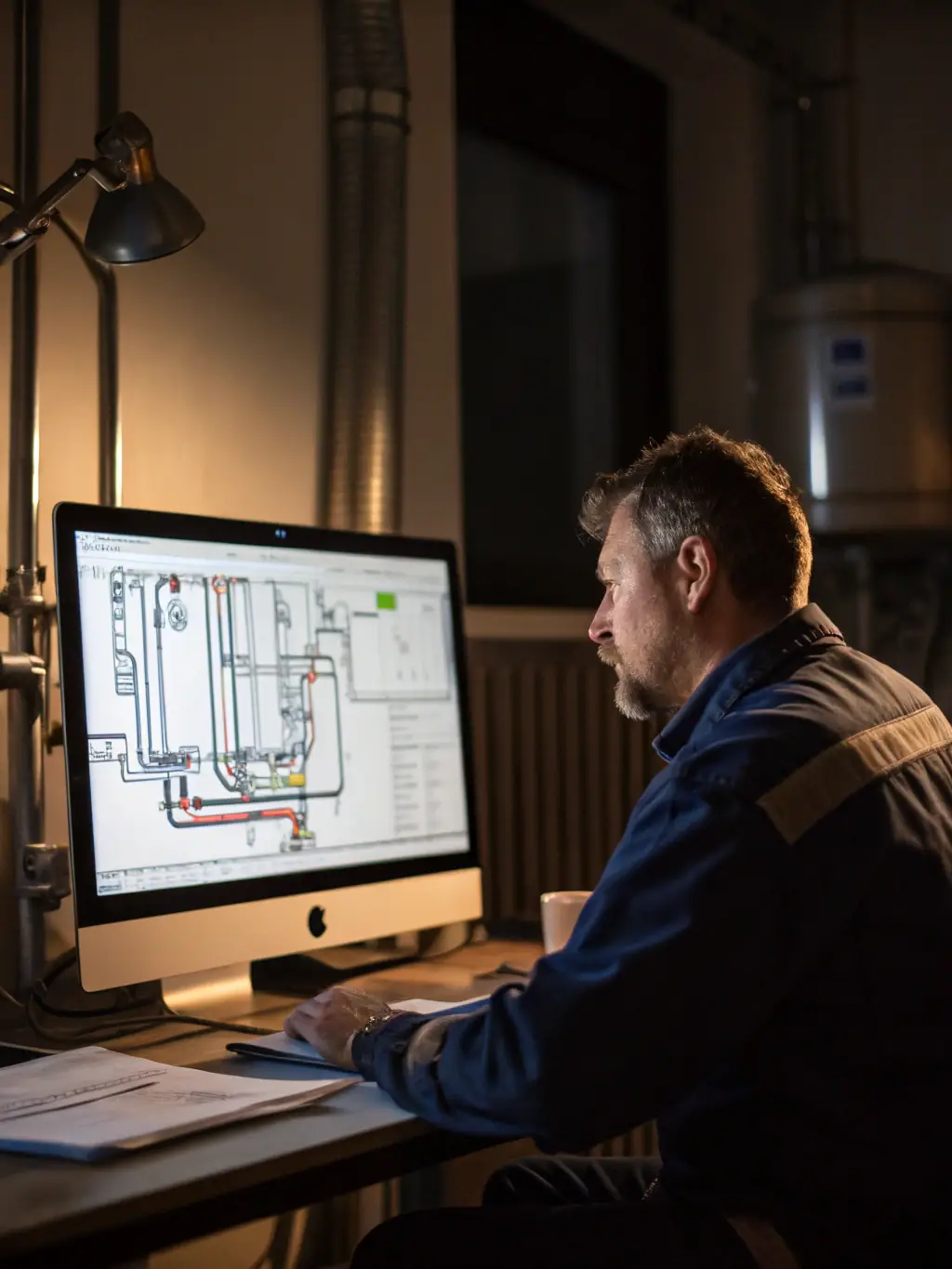 A plumber reviewing blueprints in a modern office, representing expansion funding for business development.