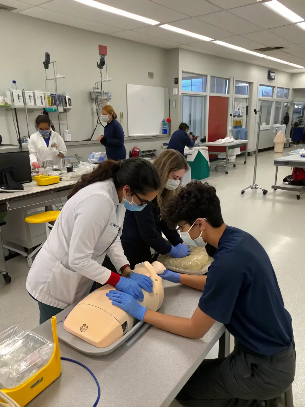 A modern medical simulation lab with advanced equipment, showcasing a realistic training environment for healthcare professionals.