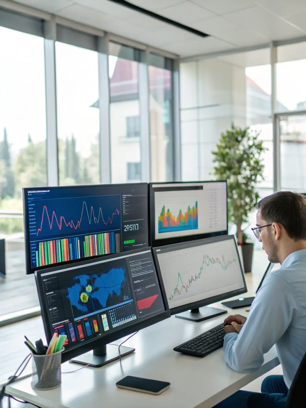A digital display showing real-time data analysis of mineral market trends, with charts and graphs indicating growth and opportunities, against a backdrop of a modern office environment.