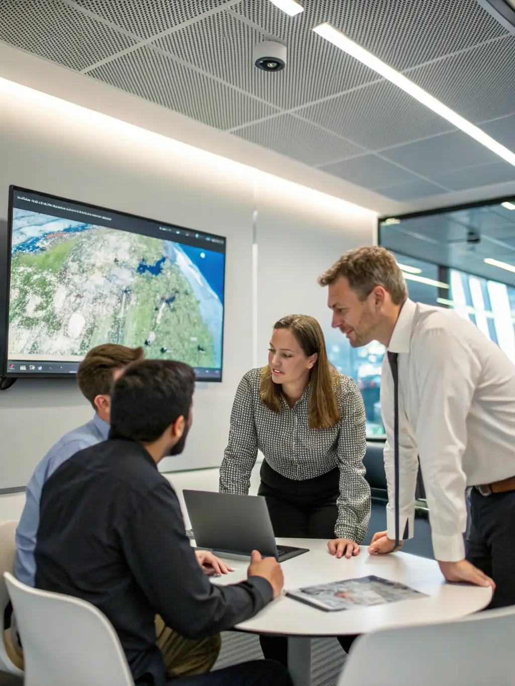 A diverse team of mining professionals reviewing geological survey data in a modern office setting, highlighting the importance of strategic planning and investment.