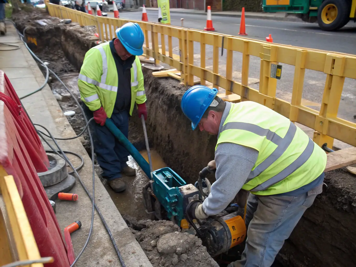 A group of utility workers repairing underground cables, highlighting the importance of infrastructure maintenance and upgrades.