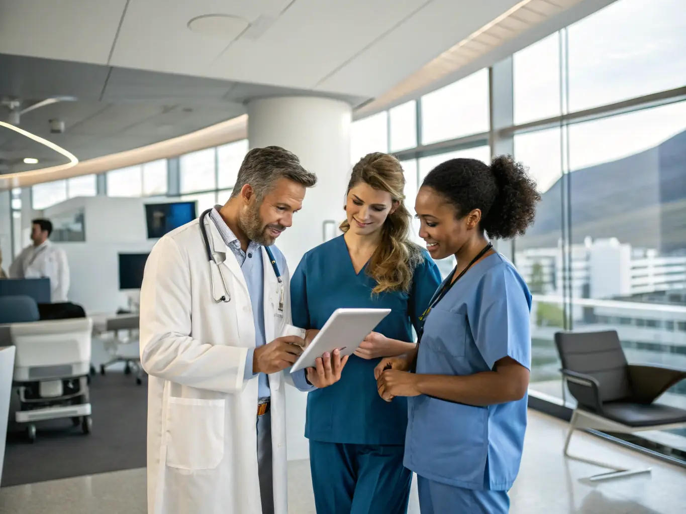 A diverse group of medical professionals in a well-lit, modern plastic surgery clinic, smiling and collaborating on patient care strategies.