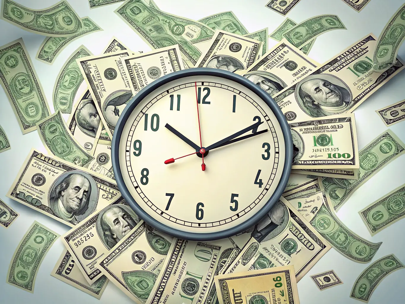 A close-up shot of a clock with money swirling around it, symbolizing fast funding.