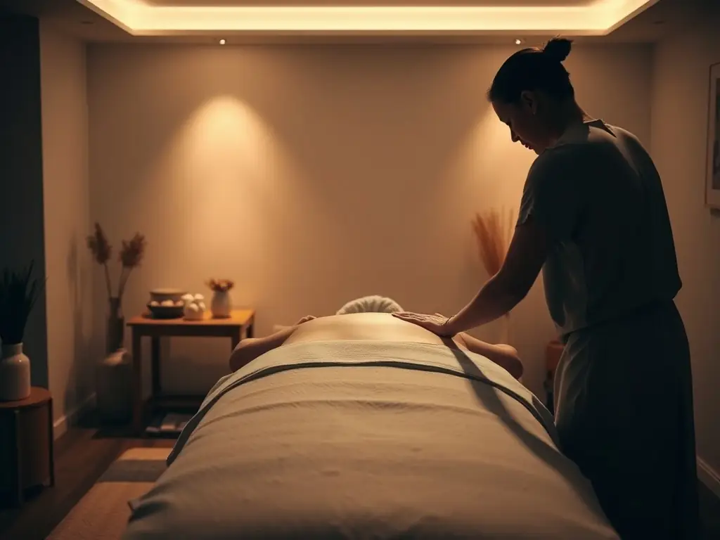A brightly lit, modern massage therapy studio with a therapist providing a relaxing massage to a client. Soft, ambient lighting and calming colors create a serene atmosphere.