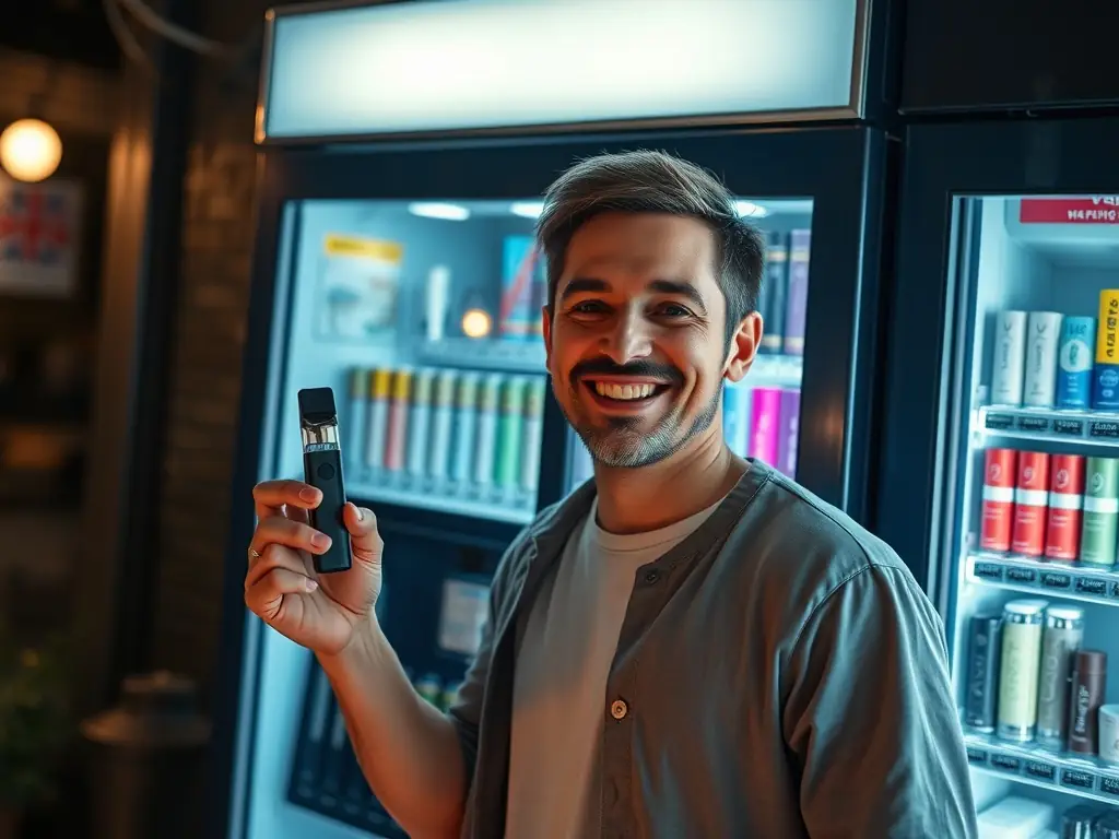 A vape shop owner smiling and confidently managing inventory, showcasing the positive impact of OnDeckClone's funding.