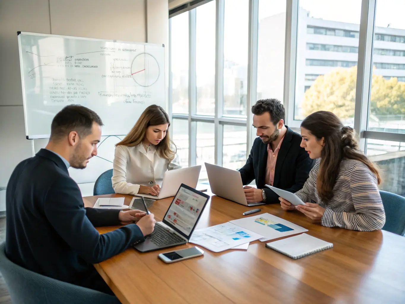 A diverse team of Mulah financial experts collaborating in a bright, modern office, emphasizing the dedicated support provided to legal firms.