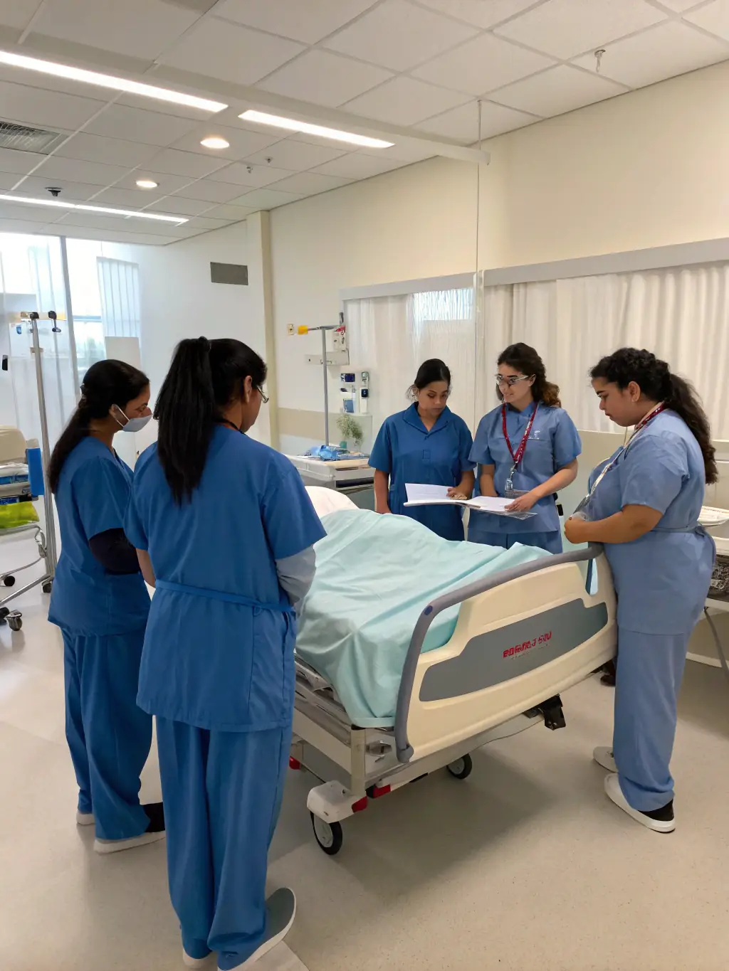 A group of medical students collaborating on a project, with blueprints and planning materials spread across a table.