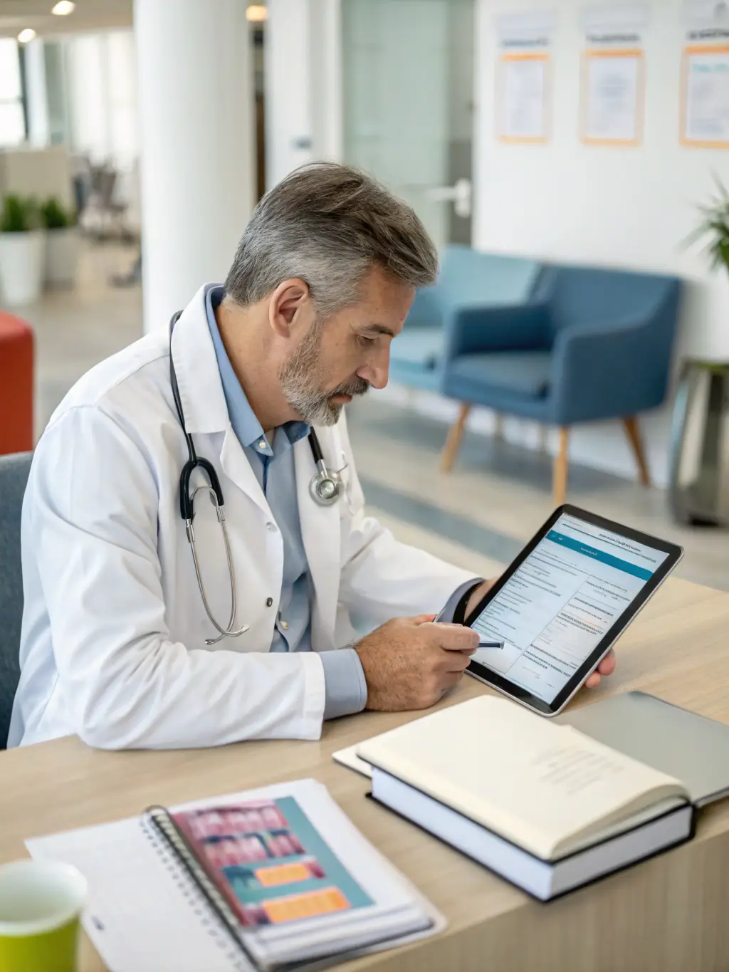 A doctor reviewing financial documents with a tablet in hand, showcasing the ease of managing Mulah's funding solutions.