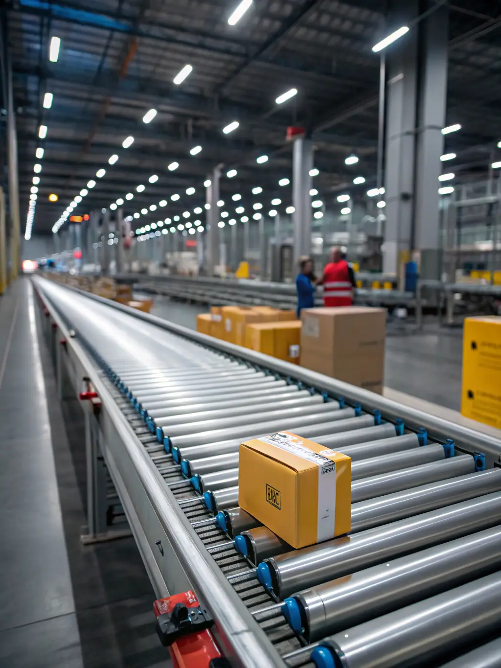 A modern piece of distribution equipment, like a conveyor belt or automated sorting system, in a brightly lit warehouse.