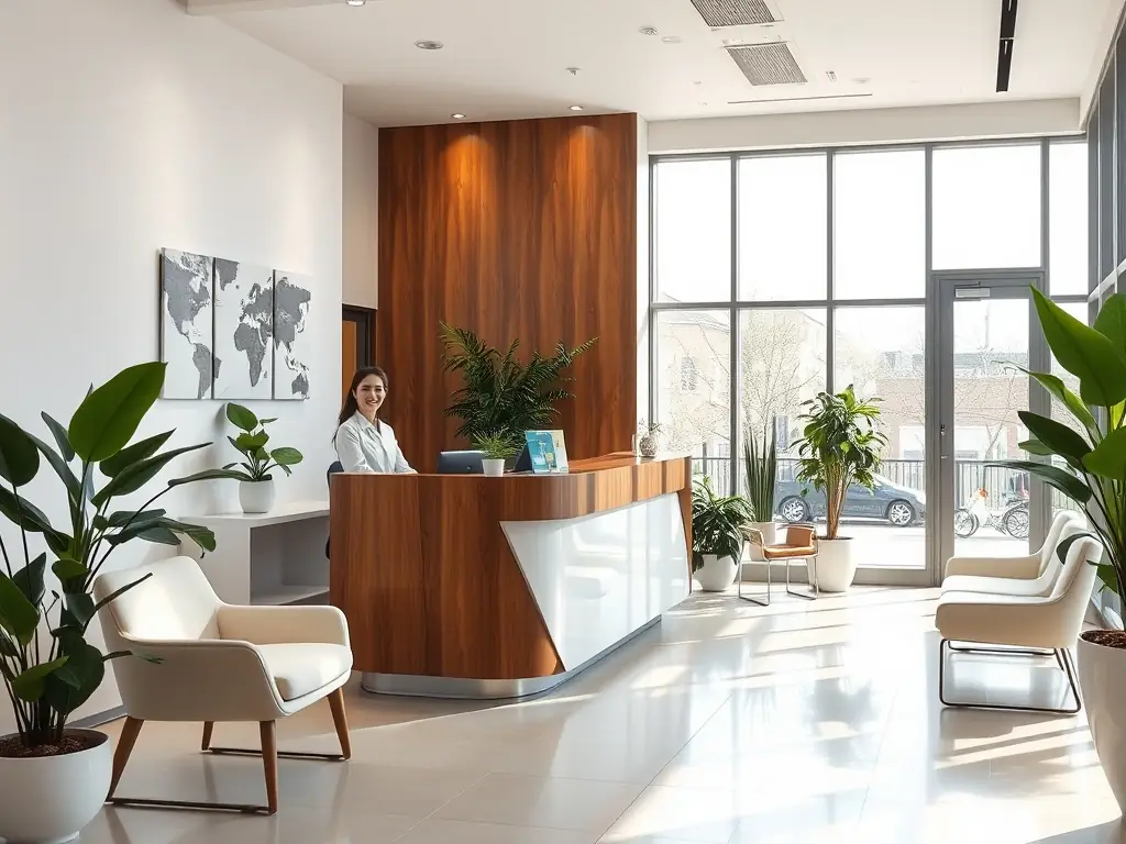 A modern plastic surgery clinic reception area with sleek design, featuring a friendly receptionist greeting a patient. The image represents a well-funded and professional practice.