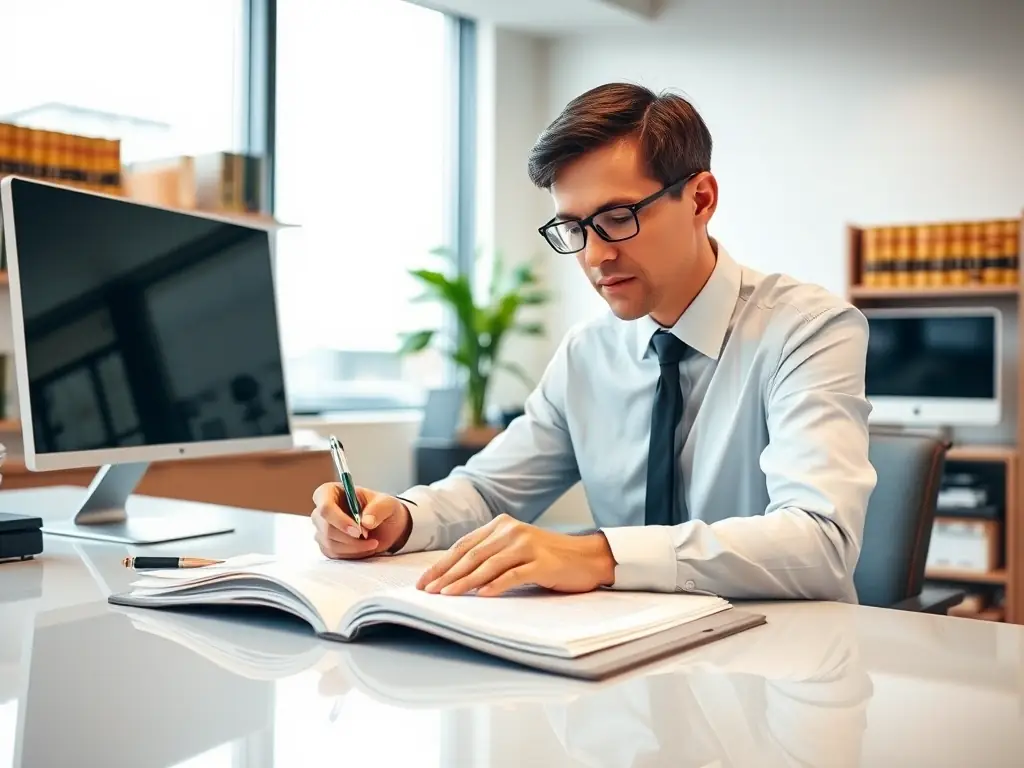 A professional lawyer in a modern office setting, reviewing financial documents with a focused expression, symbolizing the trust legal firms place in Mulah's financial expertise.