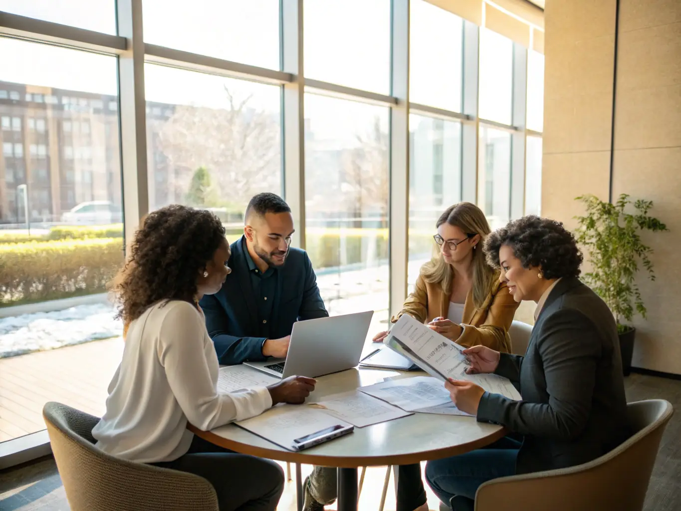 A diverse group of nonprofit leaders are engaged in a collaborative discussion, reviewing financial reports and strategic plans in a modern office setting, symbolizing trust and partnership with Mulah.