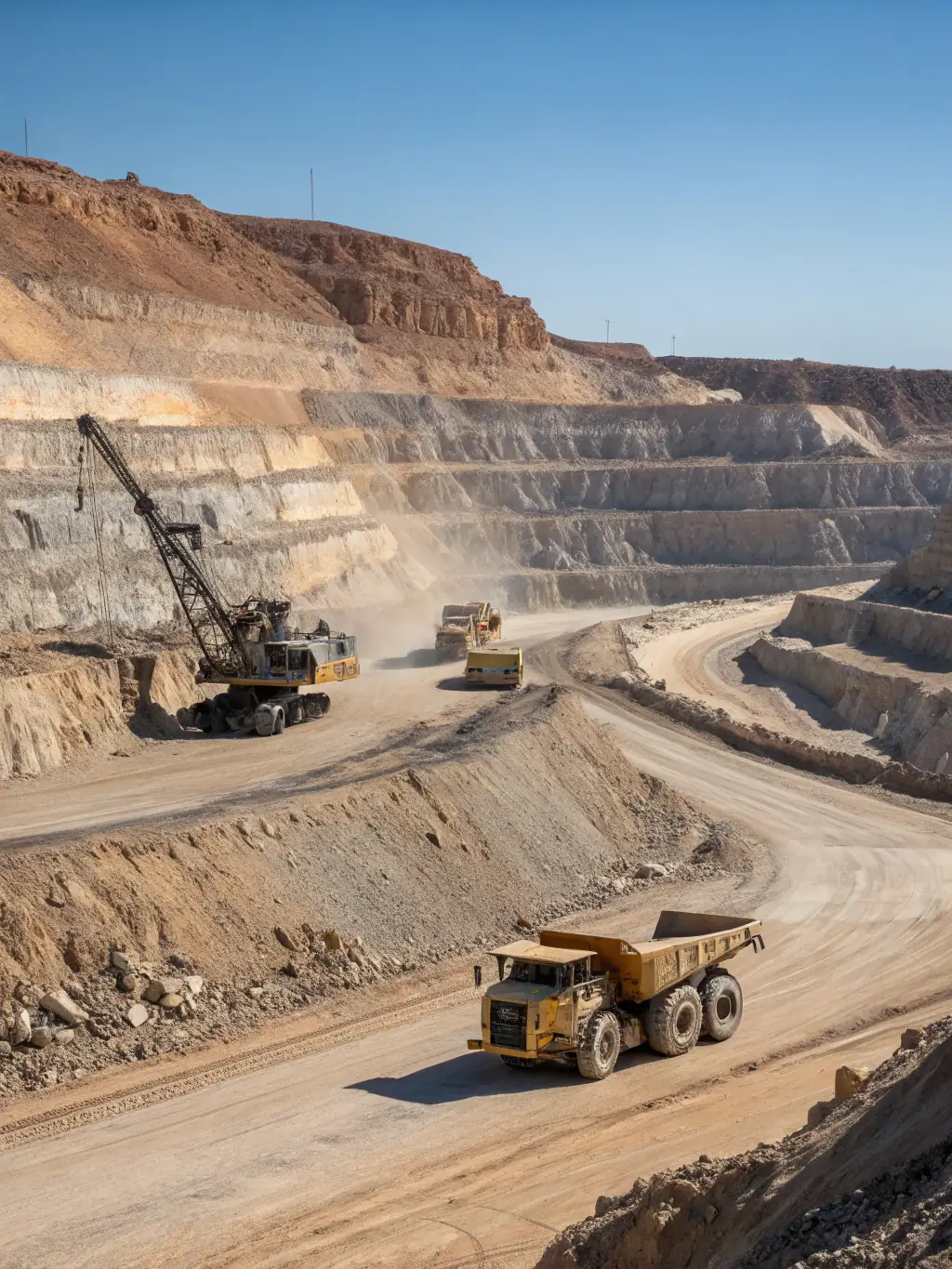 An aerial view of a mining site with heavy machinery in operation, showcasing the scale and capital-intensive nature of mineral extraction activities.