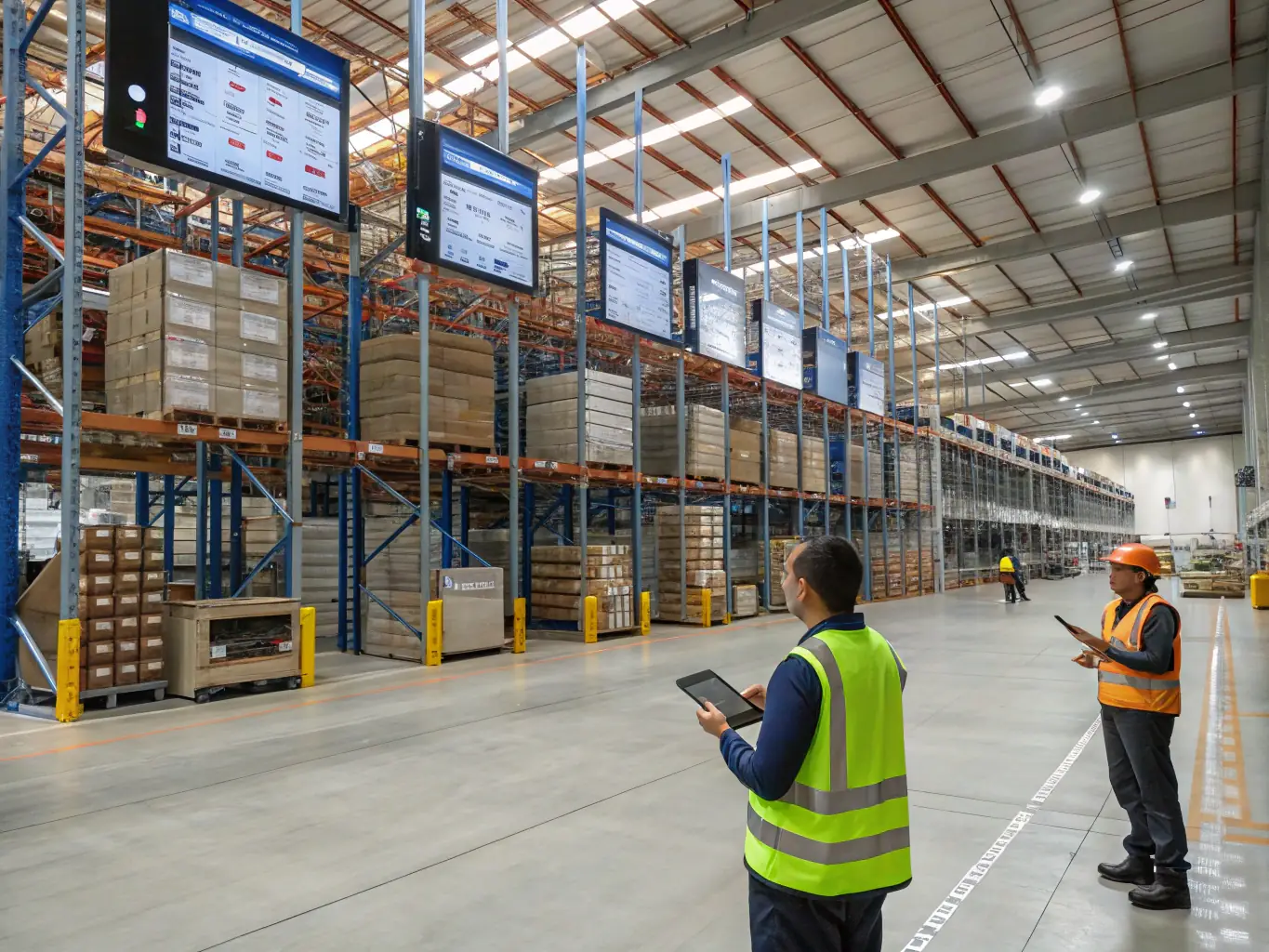 A well-organized warehouse with inventory and logistics operations, highlighting efficient supply chain management.