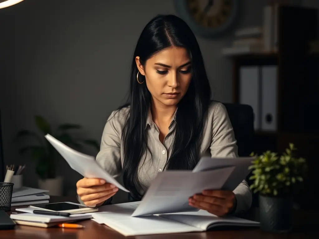 A medical spa owner reviewing financial reports in a well-lit office, highlighting the importance of strategic financial planning and the role of funding in achieving business goals.