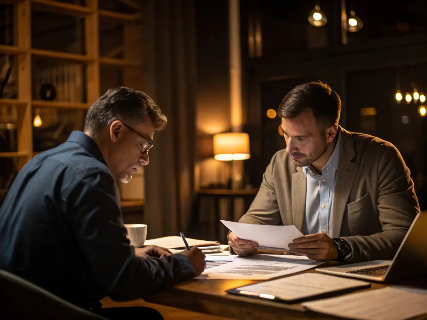 A clean and professional office setting with a financial advisor discussing funding options with a massage therapy business owner. The atmosphere is collaborative and supportive.