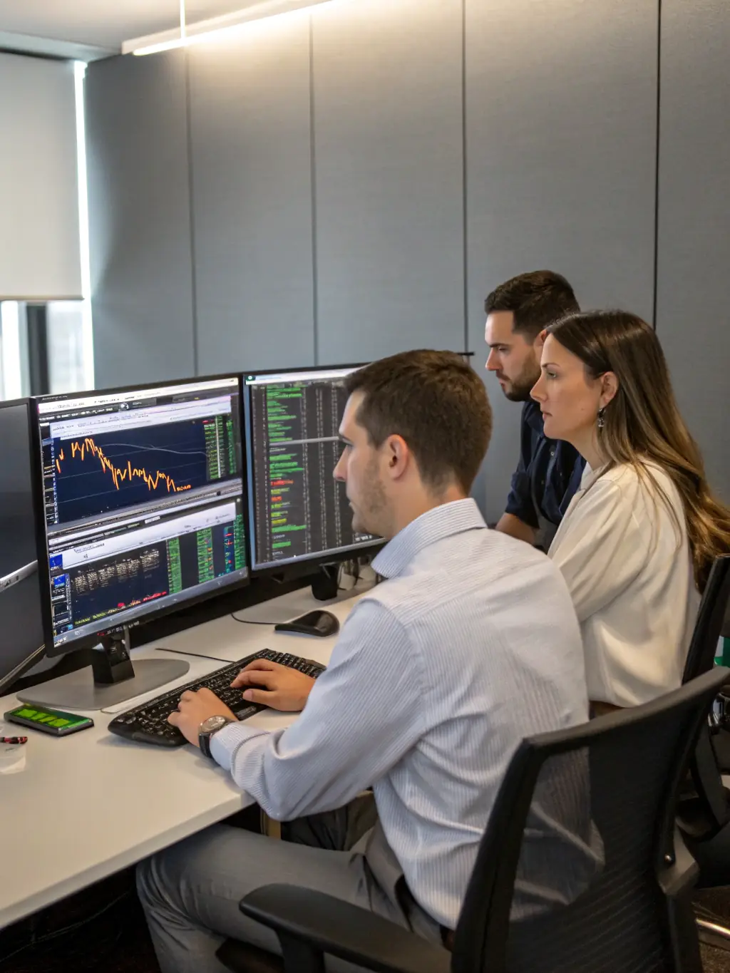 A diverse team of financial analysts reviewing oil industry market data on multiple screens, showcasing OnDeckClone's analytical capabilities.