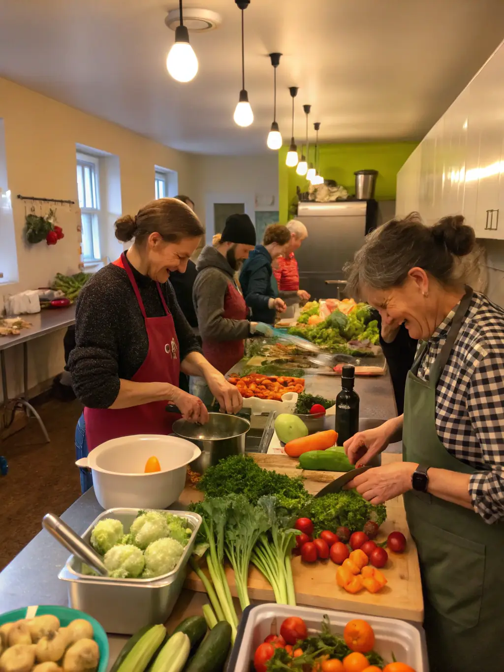 A diverse group of volunteers working together at a local soup kitchen, preparing meals for the homeless, symbolizing community support and the need for funding.