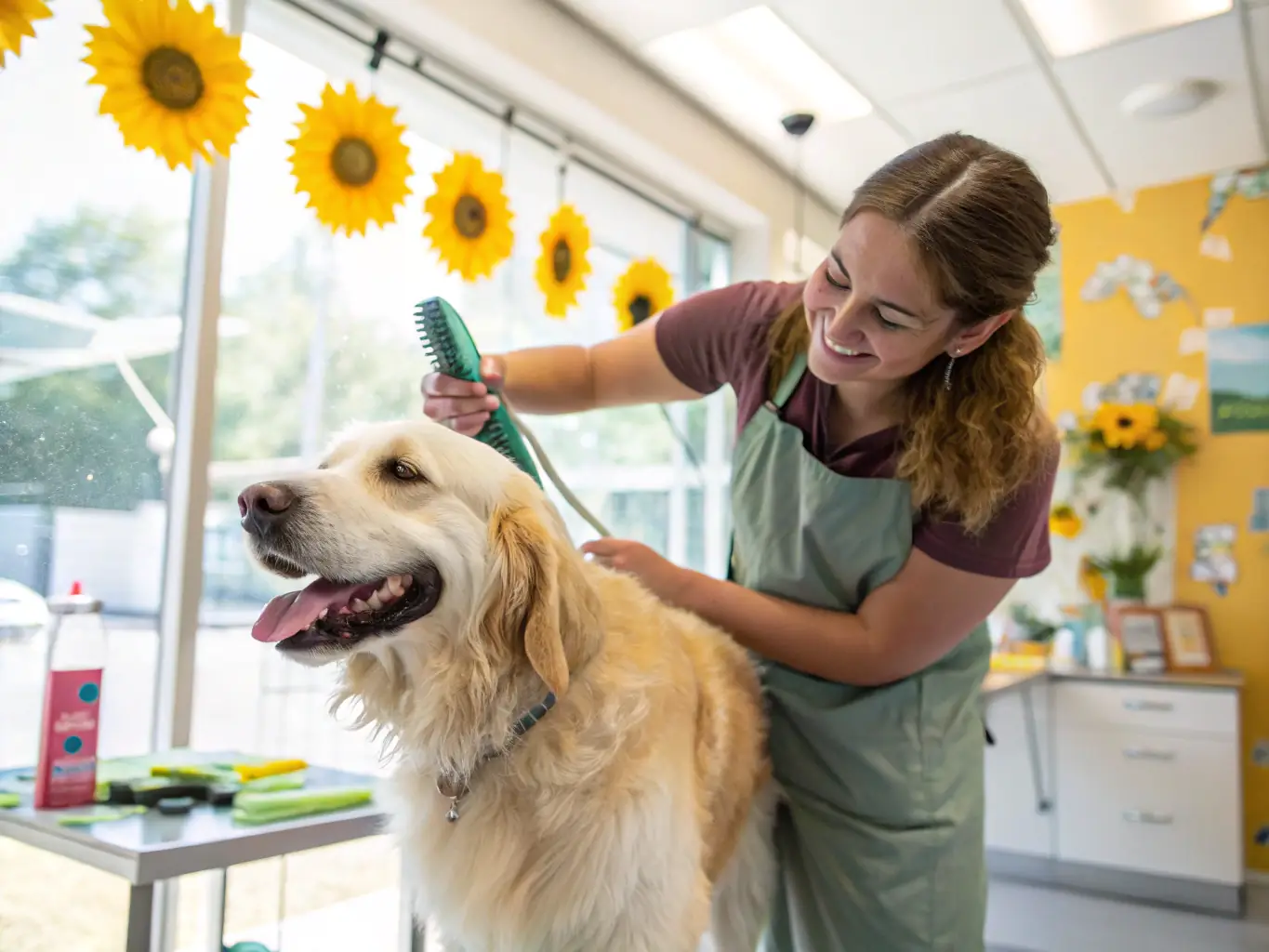 A pet groomer happily working with a dog, surrounded by grooming supplies, representing the use of working capital for supplies and operational costs.