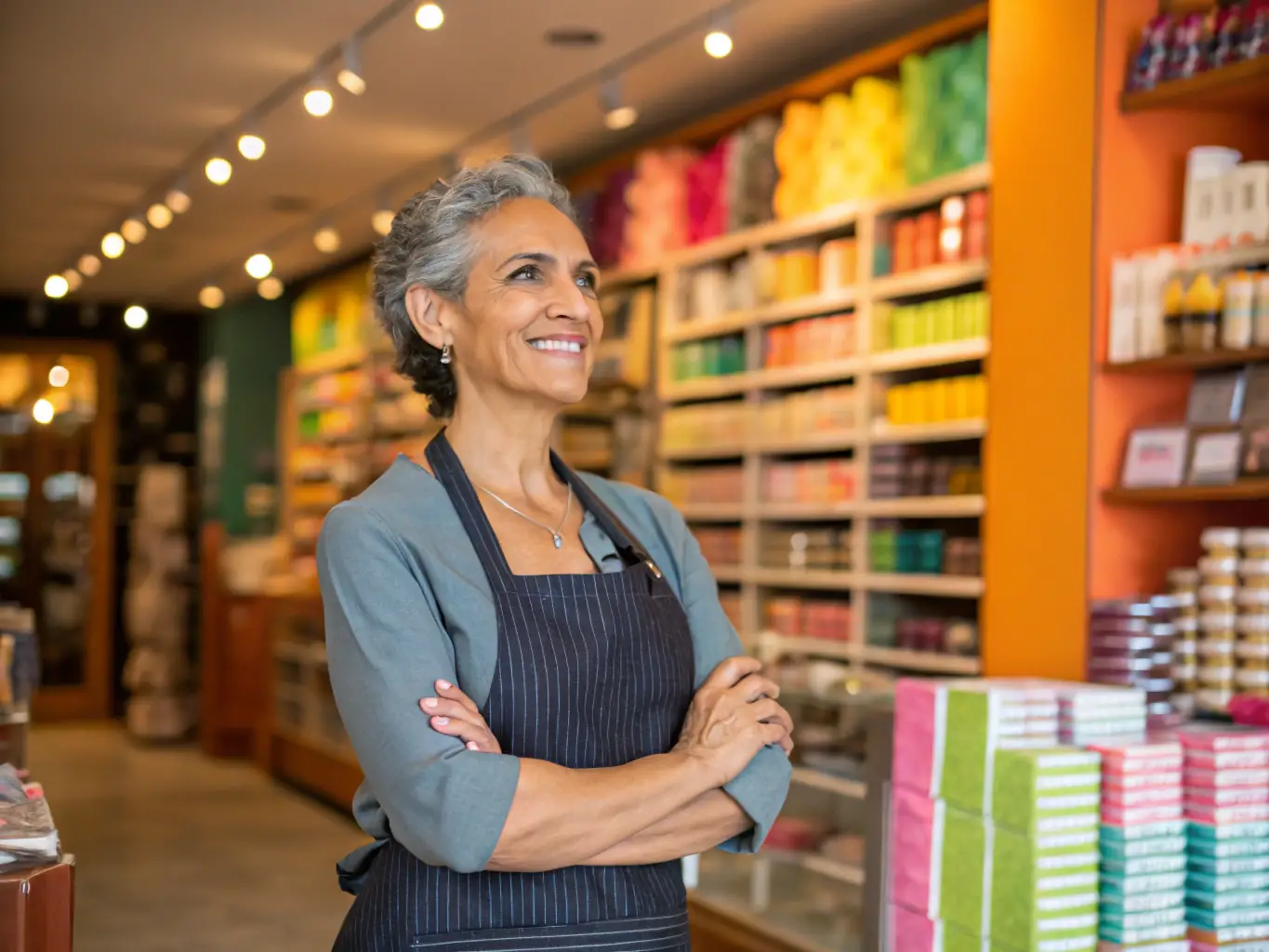 A liquor store owner smiles confidently while reviewing inventory levels, showcasing the benefit of having sufficient stock due to Mulah's funding.