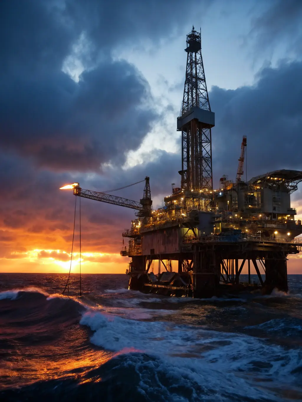 A high-angle shot of an oil rig at sunset, symbolizing the scale and importance of the oil industry, with subtle OnDeckClone branding.