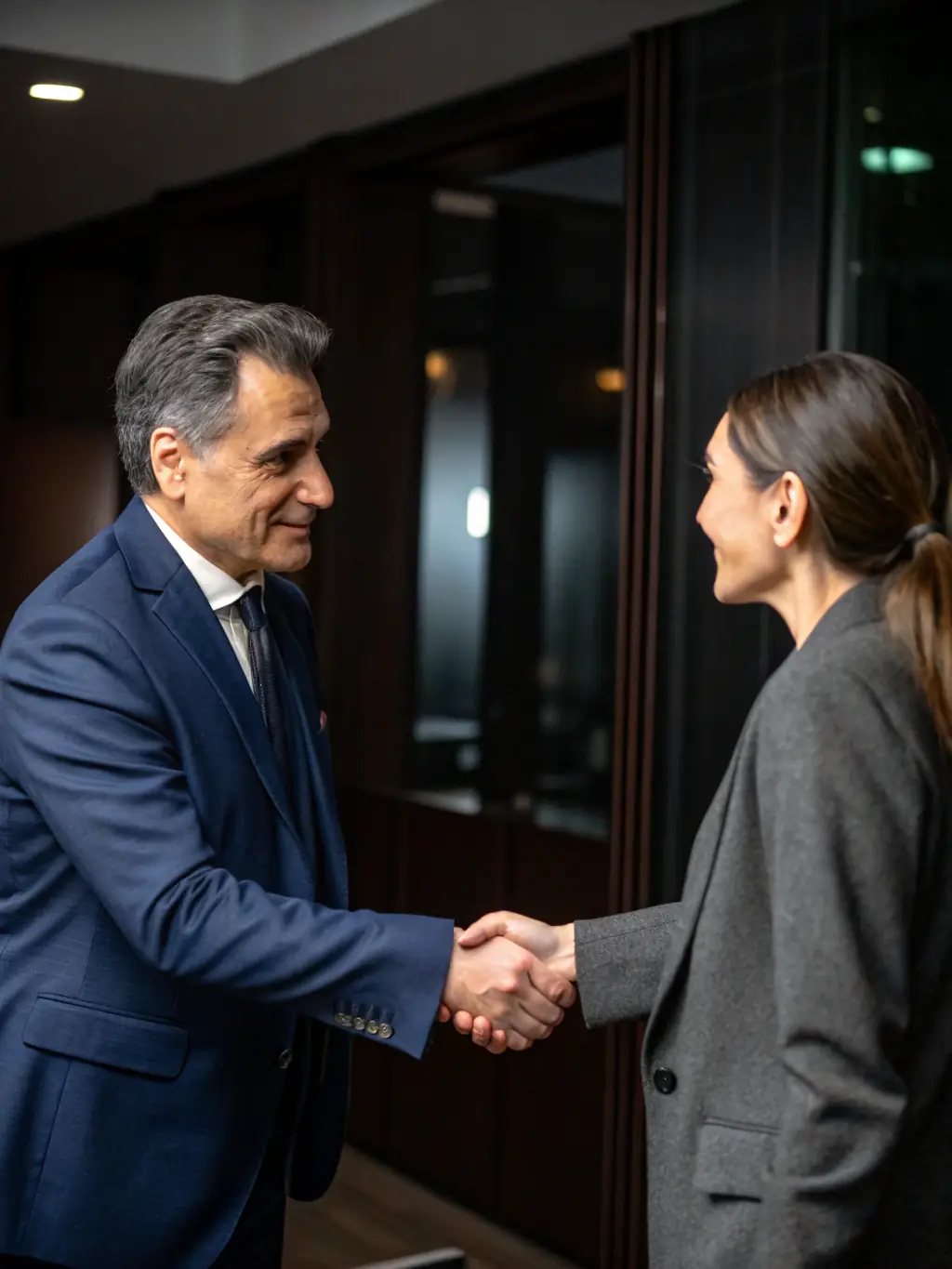 A real estate agent smiling and shaking hands with a loan officer in a modern office setting, symbolizing a successful funding partnership.