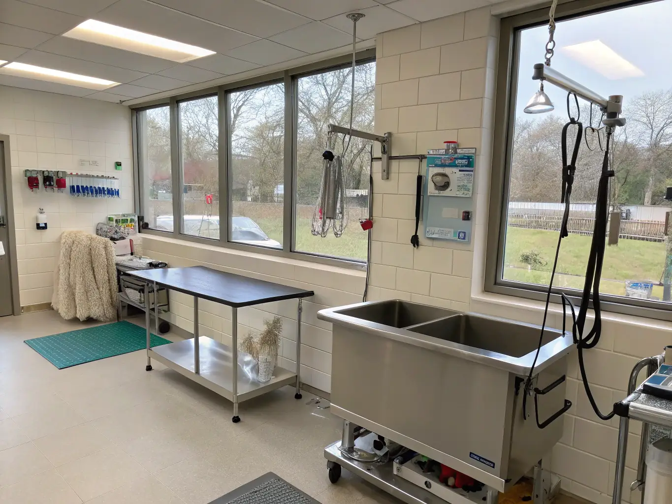 A modern pet grooming salon with state-of-the-art equipment, showcasing a clean and professional environment, suitable for illustrating equipment financing options.