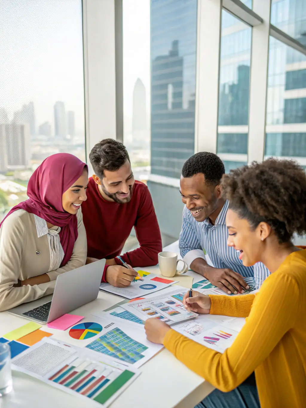 An image of a diverse team of financial analysts collaborating on a project, showcasing Mulah's commitment to teamwork and client success.
