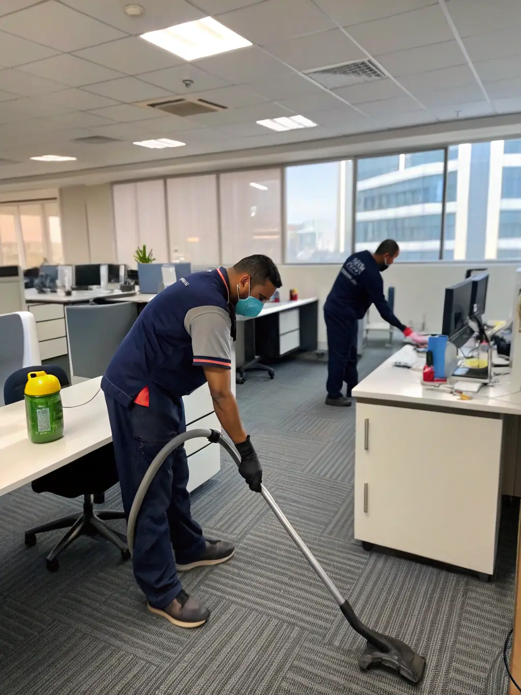A cleaning crew working in a large office building, illustrating expansion funding.