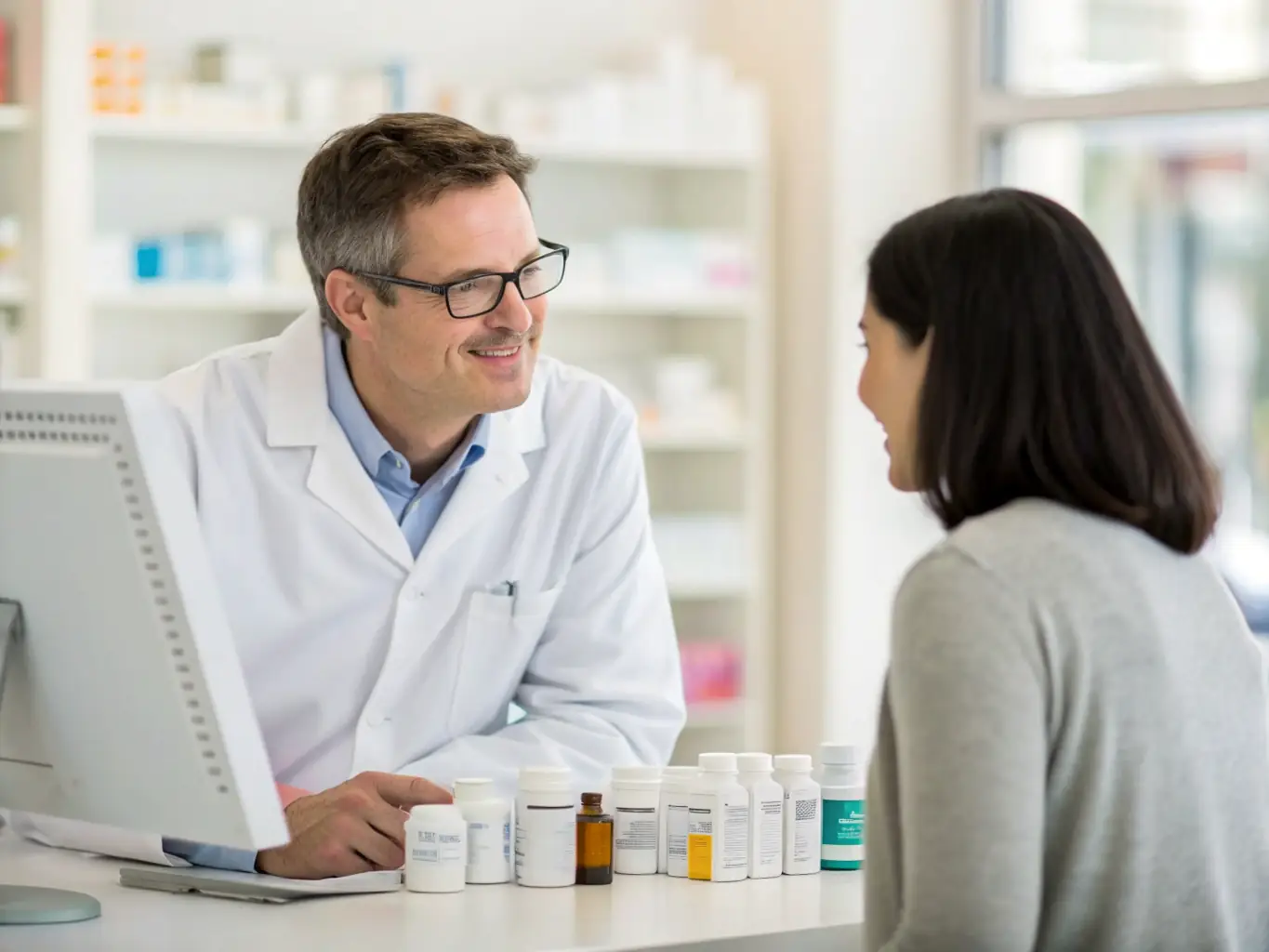 A modern pharmacy interior with a pharmacist consulting with a patient, showcasing a well-stocked and organized dispensary, representing improved inventory management through Mulah's funding.