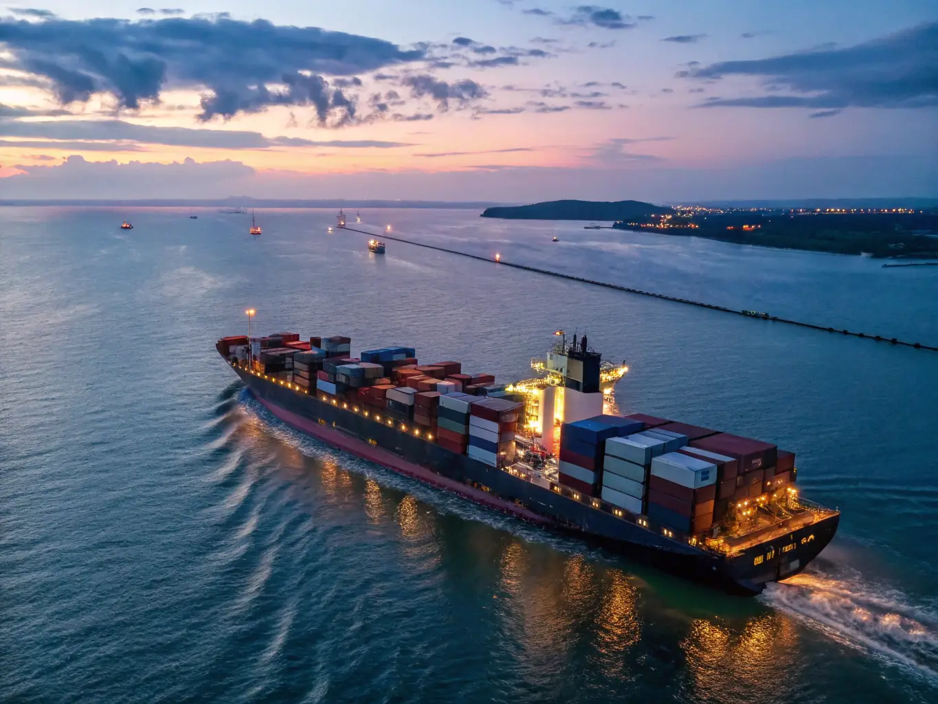 A dynamic image of a fleet of modern cargo ships at sea, symbolizing the scale and efficiency of the shipping industry, with a focus on global trade and logistics.