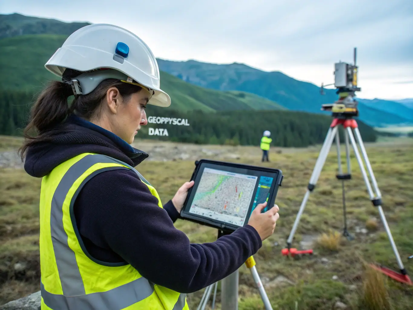 A geologist examining rock samples in a field, symbolizing the initial stages of exploration and the need for funding.