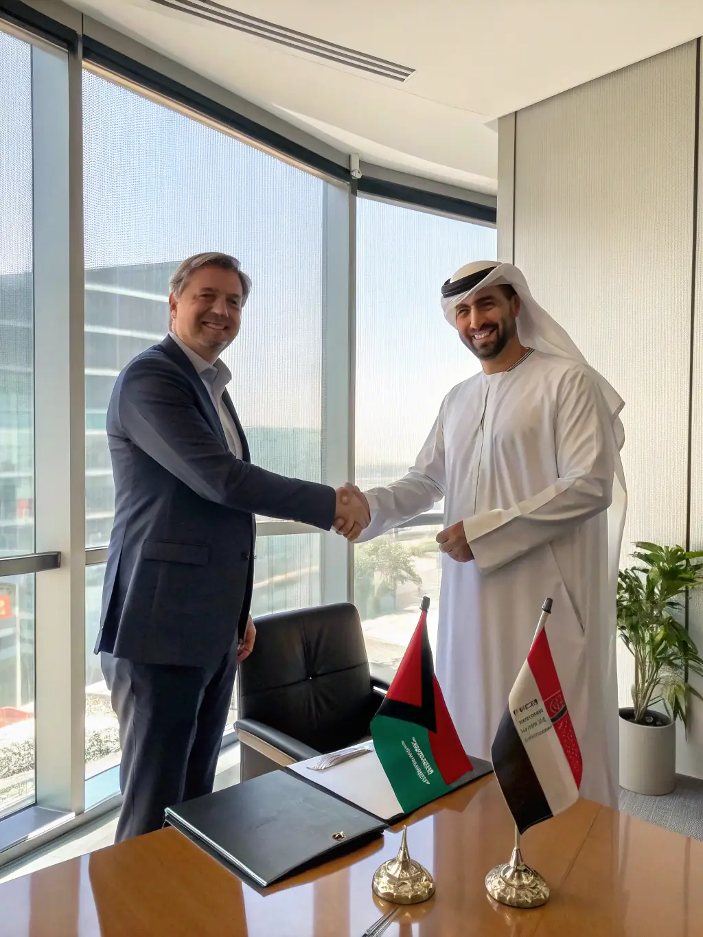 A satisfied window tinting business owner shaking hands with a Mulah representative, symbolizing a successful partnership.