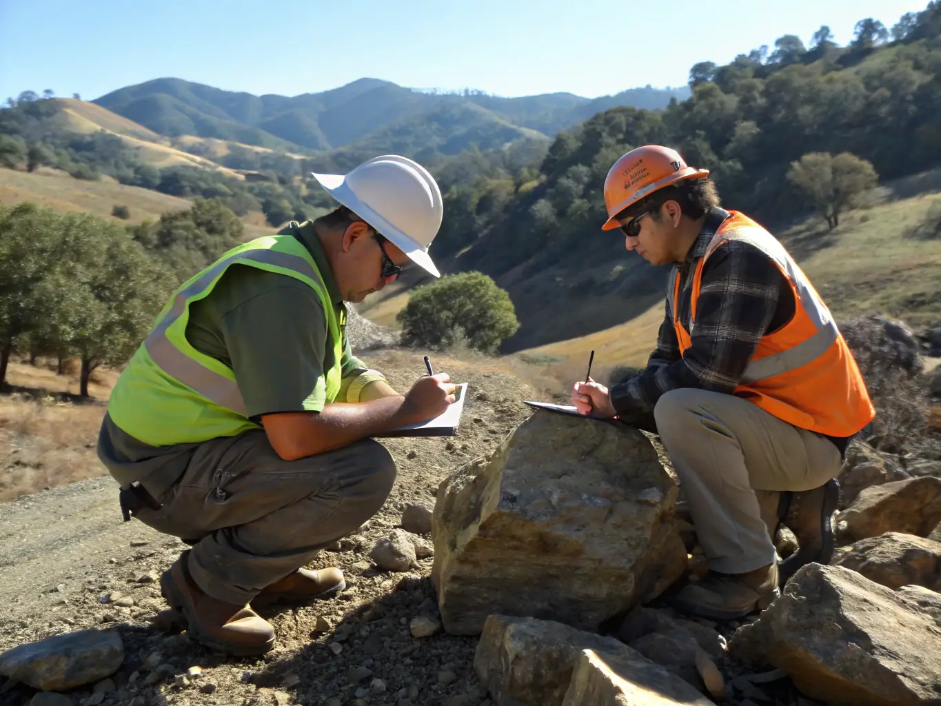 A geologist examining rock samples in a remote field location, symbolizing the hands-on nature of exploration work.