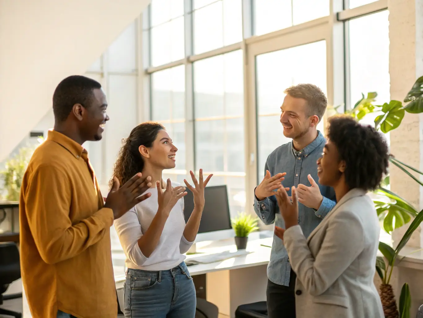 A group of interpreters collaborating in a modern office setting, highlighting Mulah's deep understanding of the interpretation industry.