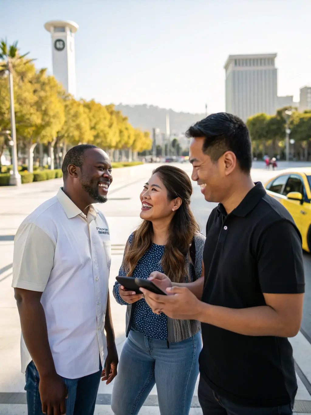 A diverse group of Lyft drivers celebrating their business success with Mulah funding, highlighting the community and shared success.