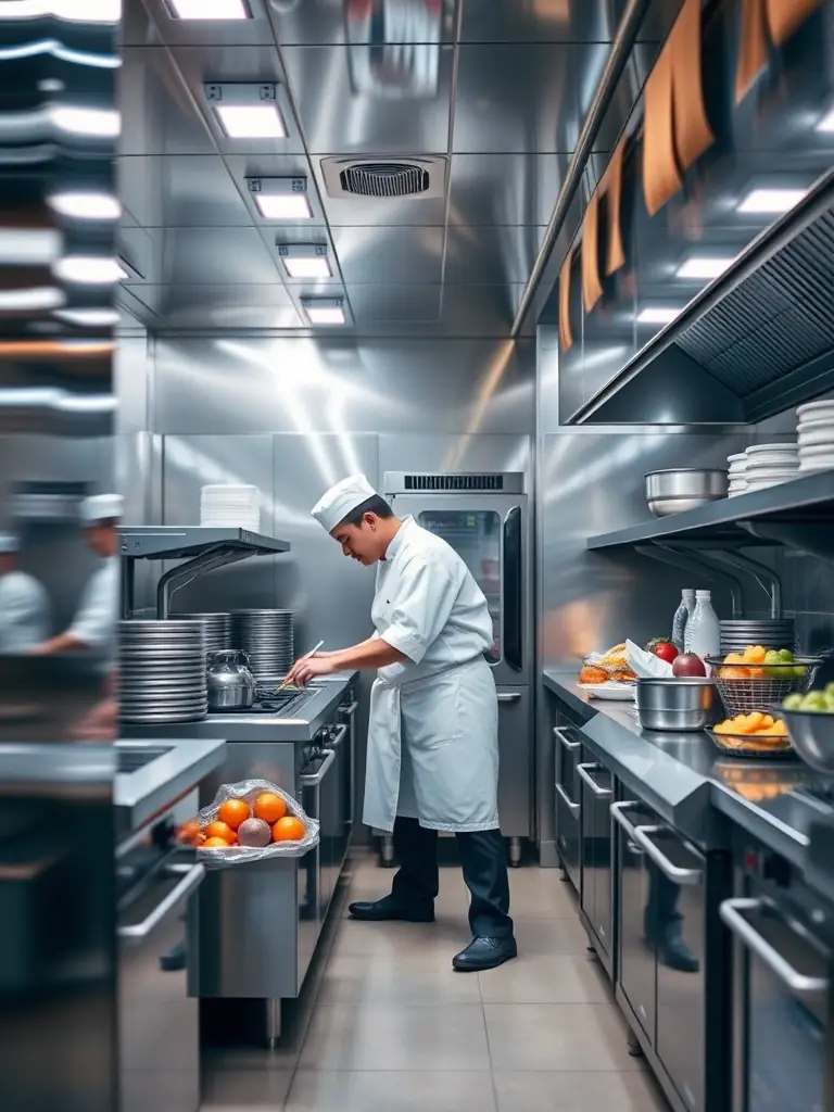 A brightly lit, modern restaurant kitchen with chefs preparing food, symbolizing growth and efficiency.