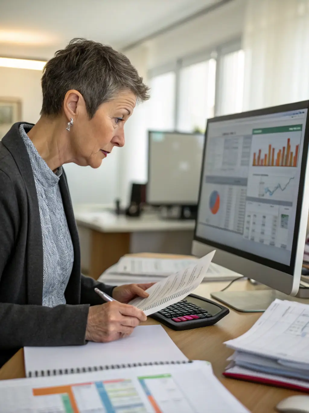An image of a financial analyst reviewing documents at a clean, modern desk, with a soft, professional lighting, representing the review and approval stage at OnDeckClone.