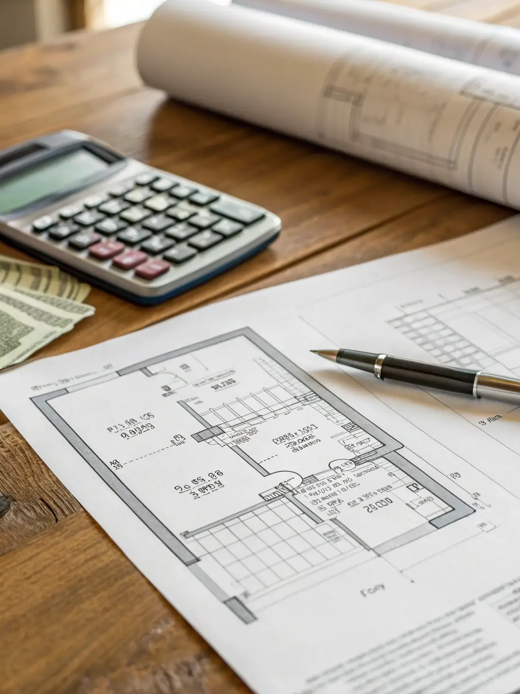 A blueprint of a warehouse expansion plan, with financial charts overlaid, representing strategic growth.