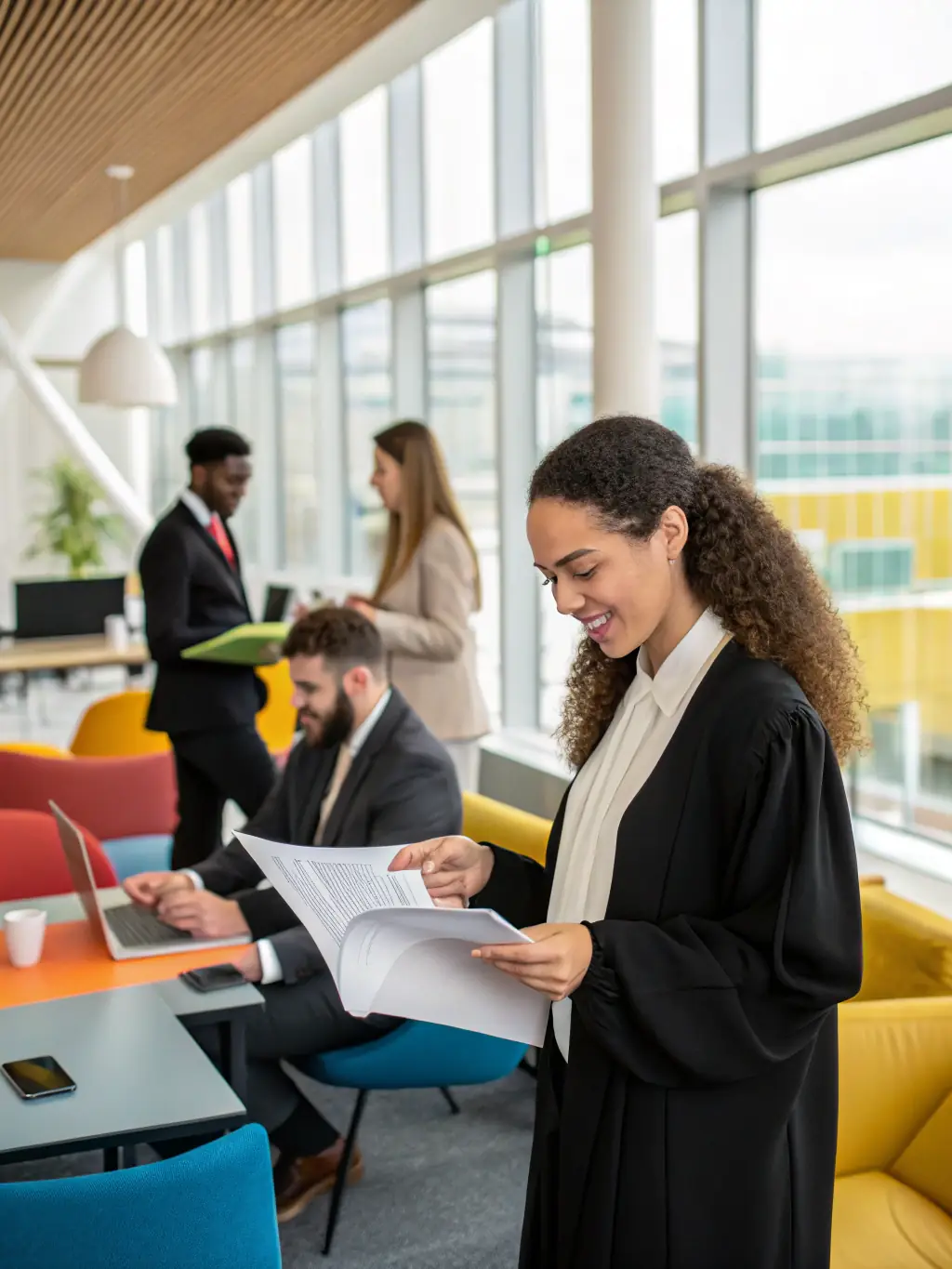 A modern office space with lawyers working on computers, representing the technological advancements and infrastructure improvements that funding can support.