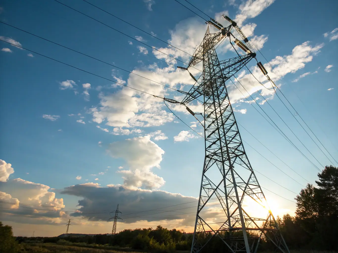 A high-voltage power line tower against a clear blue sky, symbolizing the infrastructure needs of utility companies.
