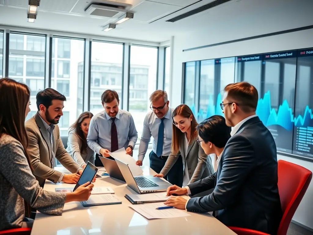 A diverse team of financial experts collaborating in a modern office, analyzing data and strategizing to provide the best funding solutions for taxi businesses.