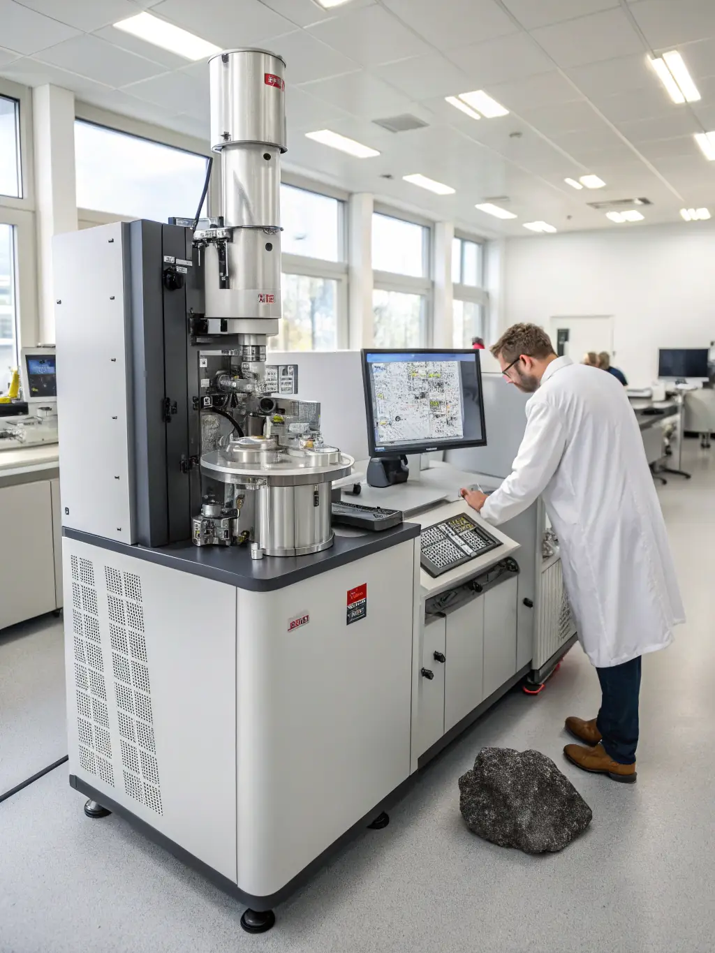 A high-tech laboratory with scientists analyzing mineral samples, showcasing Mulah's commitment to supporting innovation in mineral analysis.