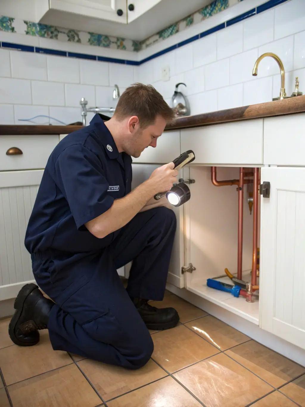 A plumber inspecting pipes under a sink, representing working capital for immediate repairs and maintenance.