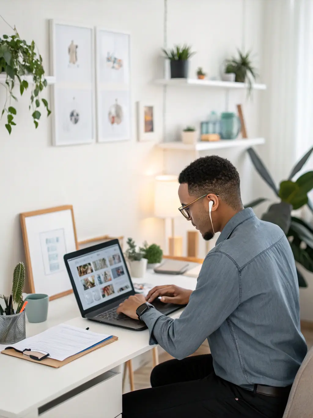 A professional sign language interpreter using working capital to purchase new equipment, like a high-definition camera and microphone, in a modern office setting.