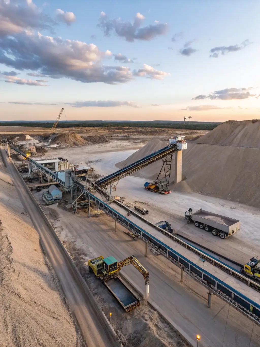 A wide shot of a modern mineral extraction site with heavy machinery operating efficiently, showcasing the scale and technological advancement of the industry, under a clear blue sky.