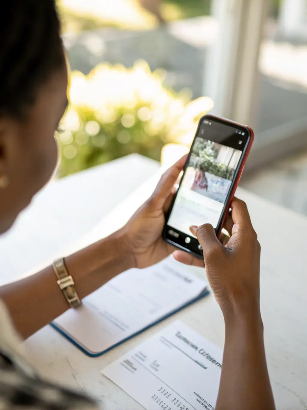 A close-up shot of a landscaper's hands holding a smartphone, displaying a banking app interface with a notification indicating successful funding approval. The background shows a well-maintained lawn and garden.