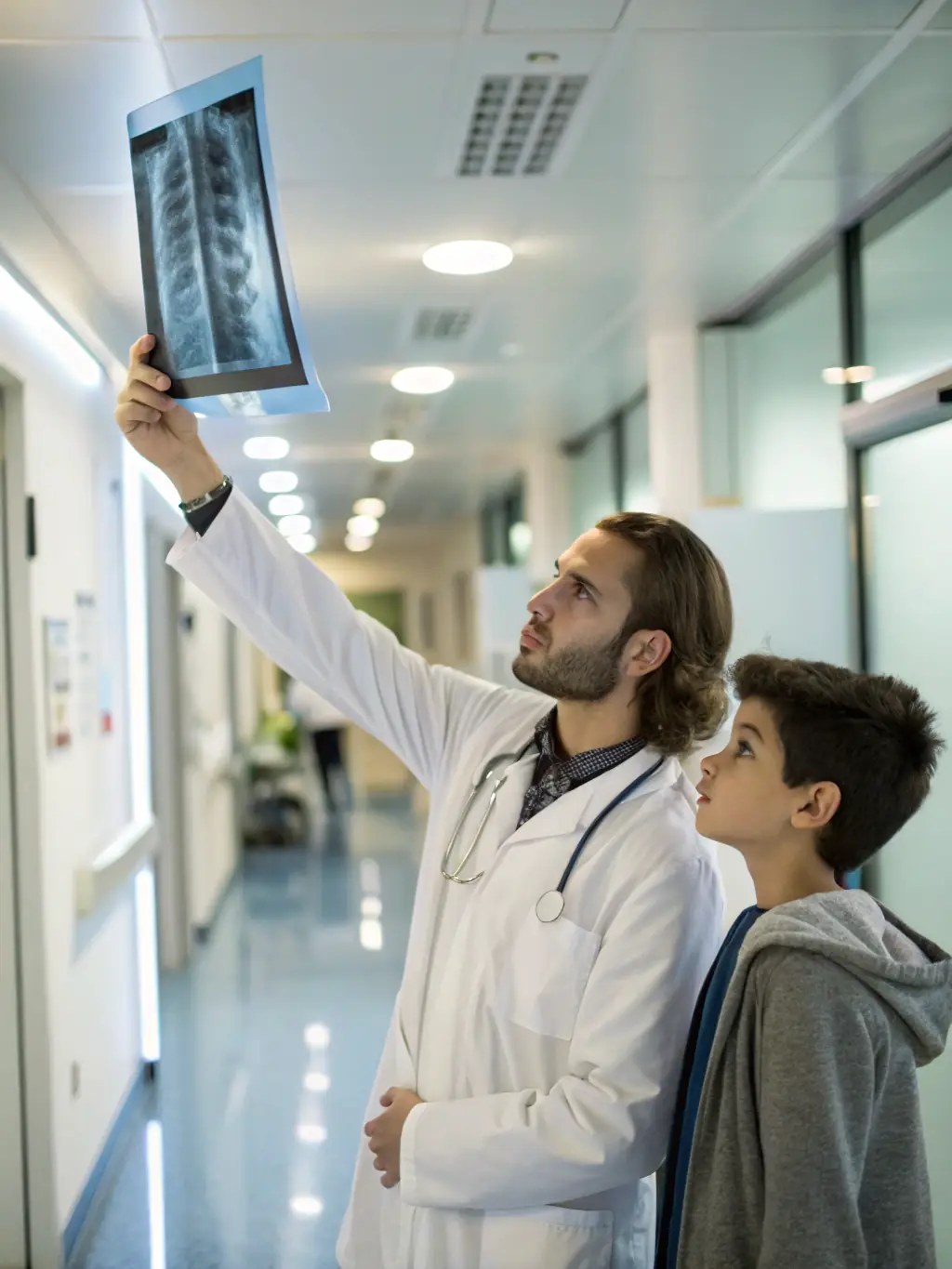 A doctor examining an X-ray with modern medical equipment in the background, symbolizing equipment financing for medical practices.