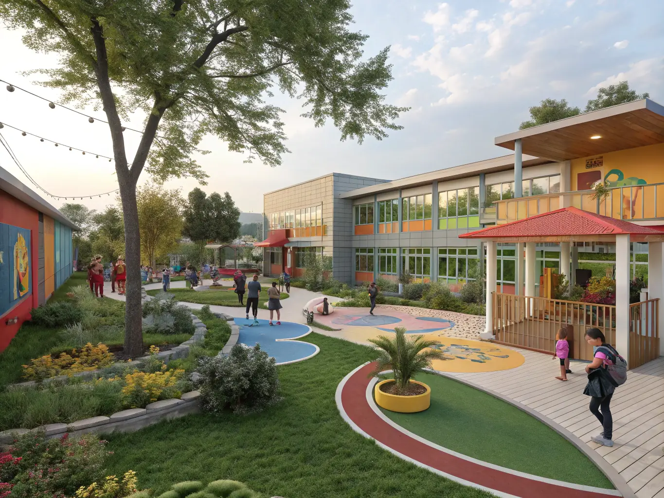 A newly constructed school building with modern architecture, symbolizing expansion and growth opportunities for education businesses through strategic funding.